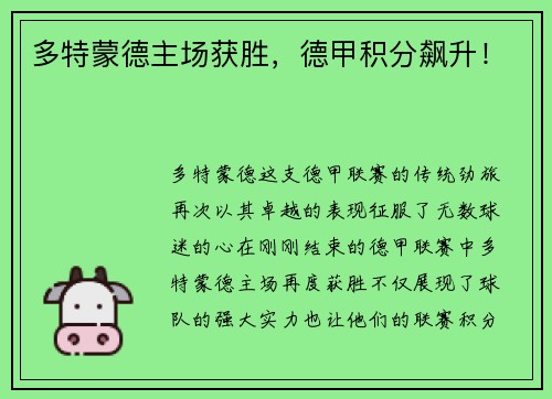 多特蒙德主场获胜，德甲积分飙升！