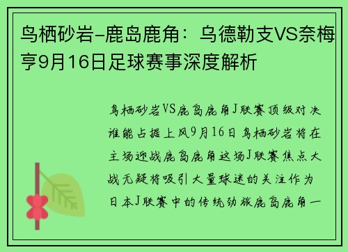 鸟栖砂岩-鹿岛鹿角：乌德勒支VS奈梅亨9月16日足球赛事深度解析