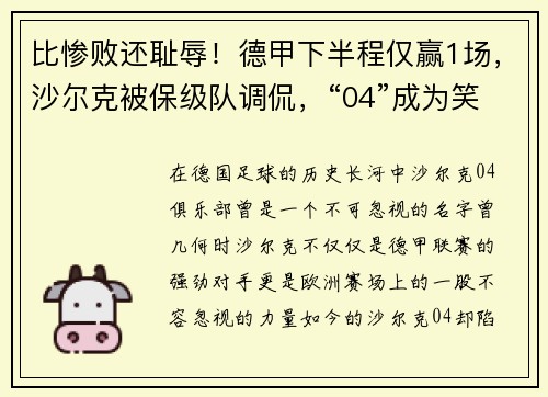 比惨败还耻辱！德甲下半程仅赢1场，沙尔克被保级队调侃，“04”成为笑柄