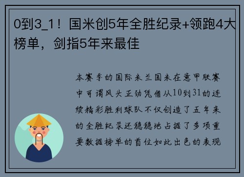 0到3_1！国米创5年全胜纪录+领跑4大榜单，剑指5年来最佳