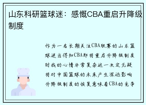 山东科研篮球迷：感慨CBA重启升降级制度