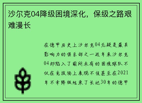 沙尔克04降级困境深化，保级之路艰难漫长